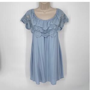 Aina Be Women's NEW Lace Scalloped Neckline Baby Blue Mini Dress Sz S Scoop Neck